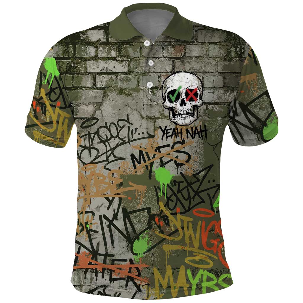 Yeah Nah Graffiti Skull New Zealand Slang Polo Shirt Kiwi Grunge Brick Wall and Bold Urban Street Art