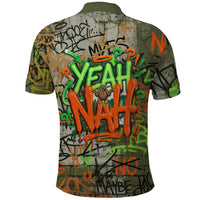 Yeah Nah Graffiti Skull New Zealand Slang Polo Shirt Kiwi Grunge Brick Wall and Bold Urban Street Art