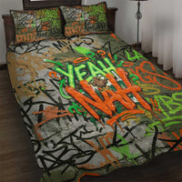 Yeah Nah Graffiti Skull New Zealand Slang Quilt Bed Set Kiwi Grunge Brick Wall and Bold Urban Street Art
