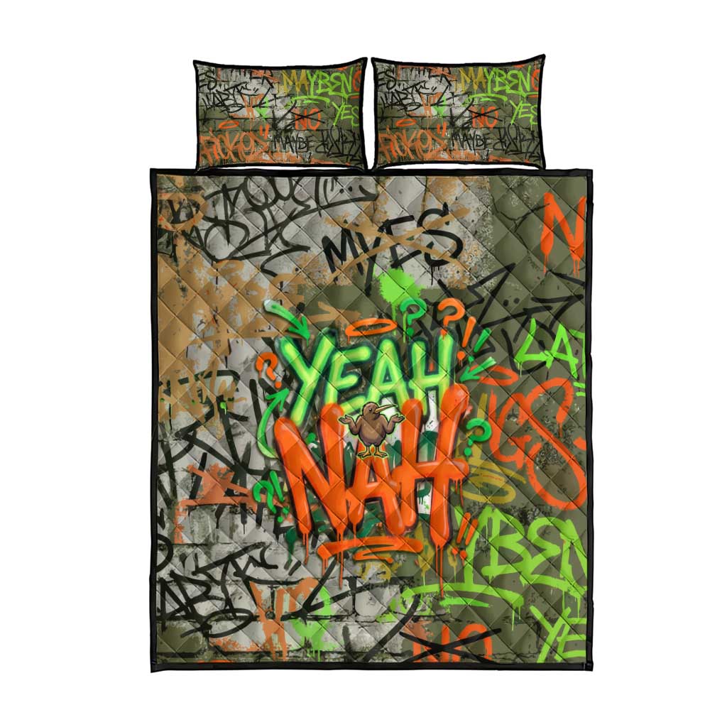 Yeah Nah Graffiti Skull New Zealand Slang Quilt Bed Set Kiwi Grunge Brick Wall and Bold Urban Street Art
