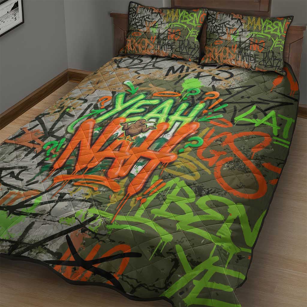 Yeah Nah Graffiti Skull New Zealand Slang Quilt Bed Set Kiwi Grunge Brick Wall and Bold Urban Street Art