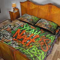 Yeah Nah Graffiti Skull New Zealand Slang Quilt Bed Set Kiwi Grunge Brick Wall and Bold Urban Street Art