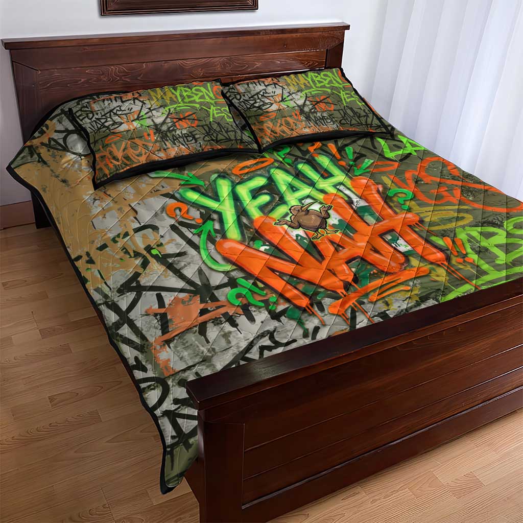Yeah Nah Graffiti Skull New Zealand Slang Quilt Bed Set Kiwi Grunge Brick Wall and Bold Urban Street Art