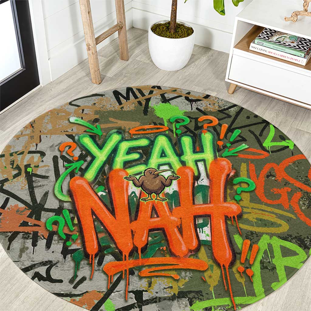 Yeah Nah Graffiti Skull New Zealand Slang Round Carpet Kiwi Grunge Brick Wall and Bold Urban Street Art TS04 Multicolor - Polynesian Pride