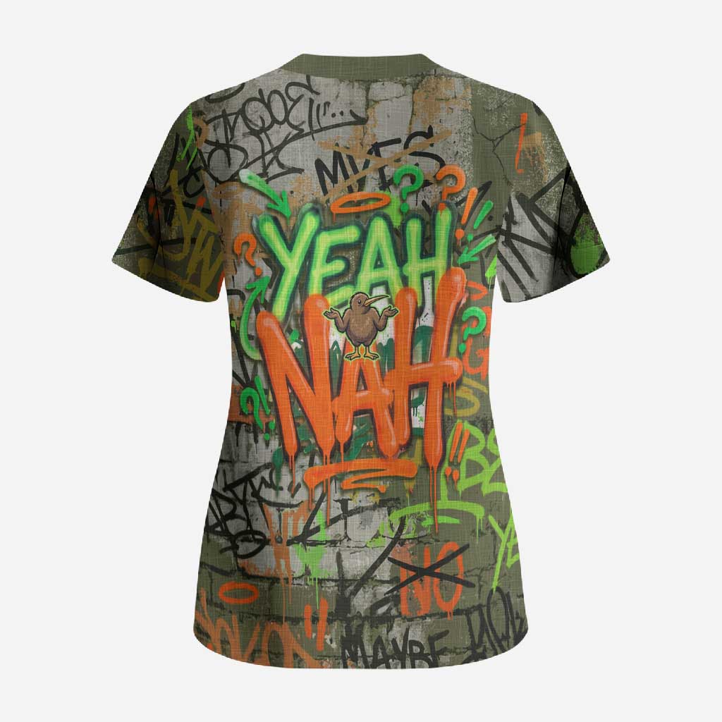 Yeah Nah Graffiti Skull New Zealand Slang Scrub Top Kiwi Grunge Brick Wall and Bold Urban Street Art TS04 - Polynesian Pride