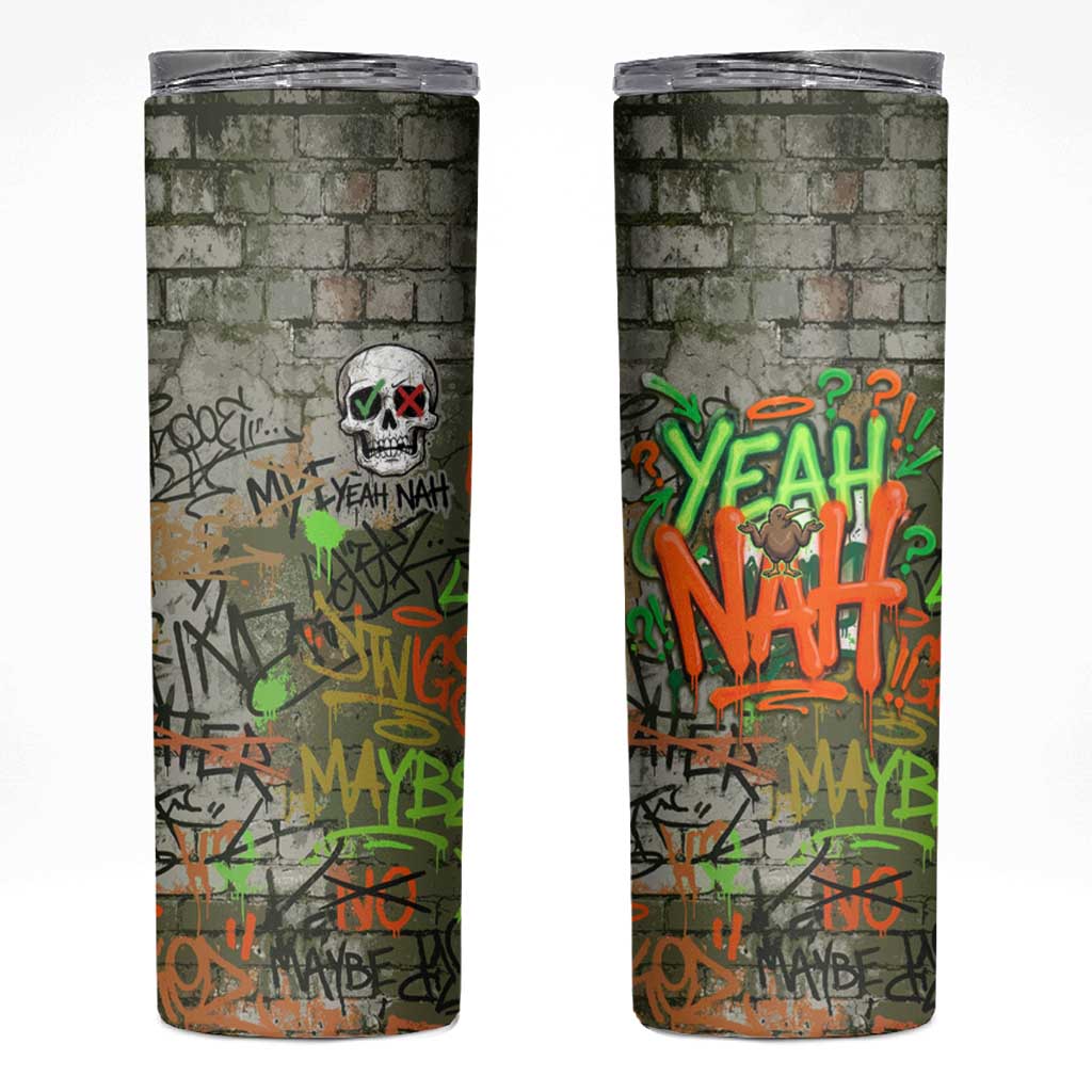 Yeah Nah Graffiti Skull New Zealand Slang Skinny Tumbler Kiwi Grunge Brick Wall and Bold Urban Street Art TS04 Multicolor - Polynesian Pride