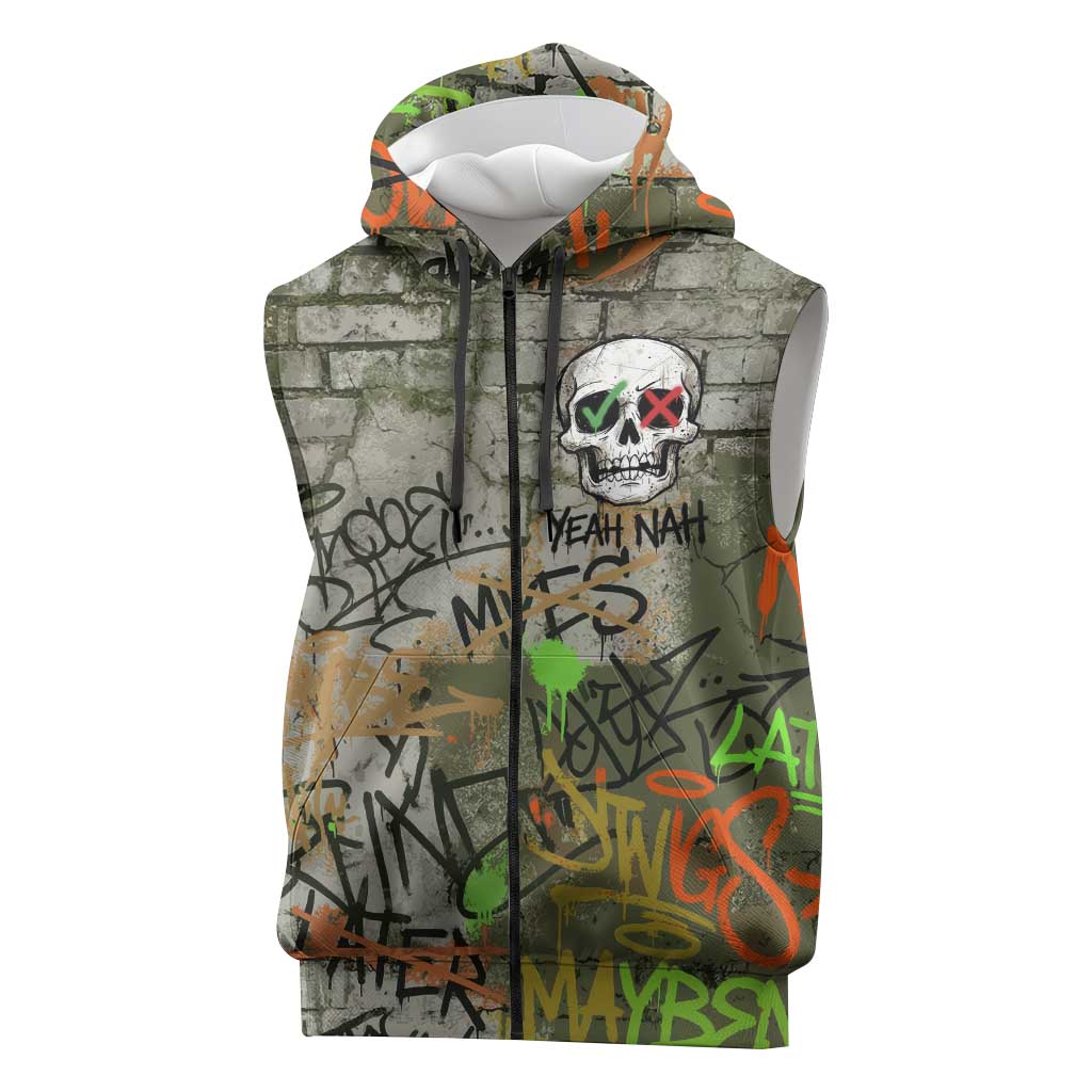 Yeah Nah Graffiti Skull New Zealand Slang Sleeveless Zip Hoodie Kiwi Grunge Brick Wall and Bold Urban Street Art