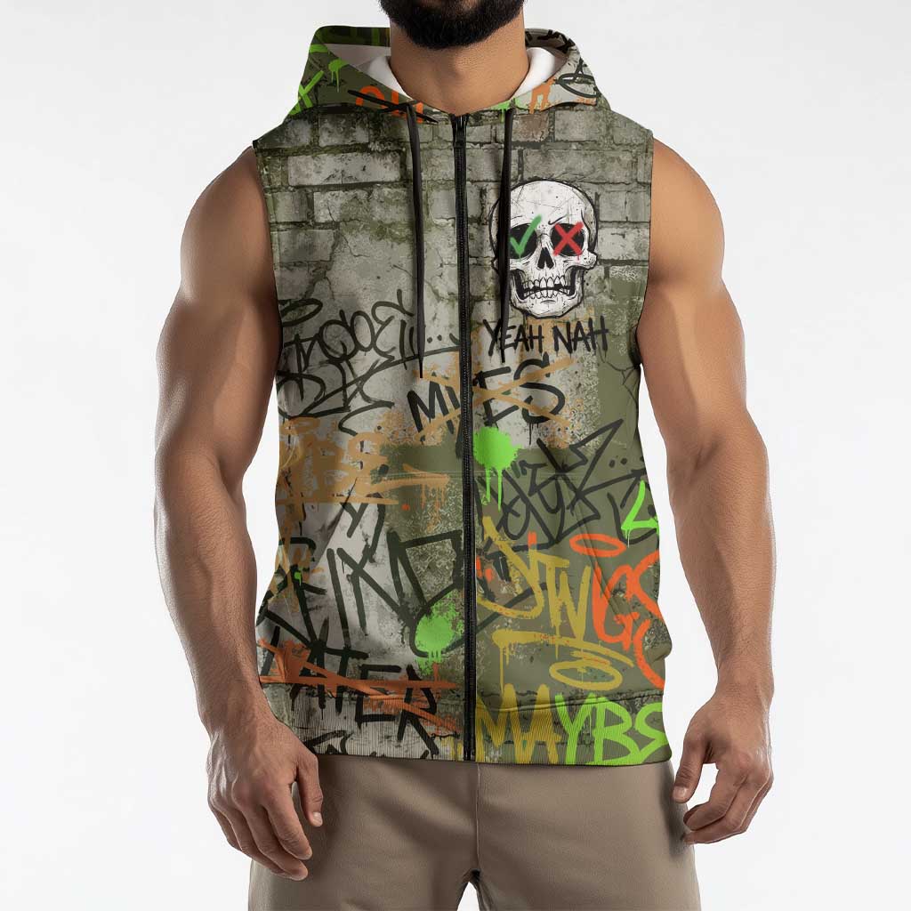 Yeah Nah Graffiti Skull New Zealand Slang Sleeveless Zip Hoodie Kiwi Grunge Brick Wall and Bold Urban Street Art TS04 - Polynesian Pride