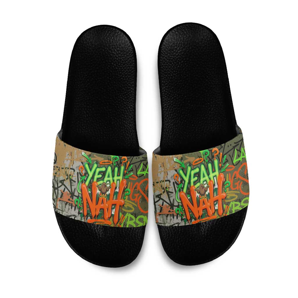 Yeah Nah Graffiti Skull New Zealand Slang Slide Sandals Kiwi Grunge Brick Wall and Bold Urban Street Art TS04 Multicolor - Polynesian Pride