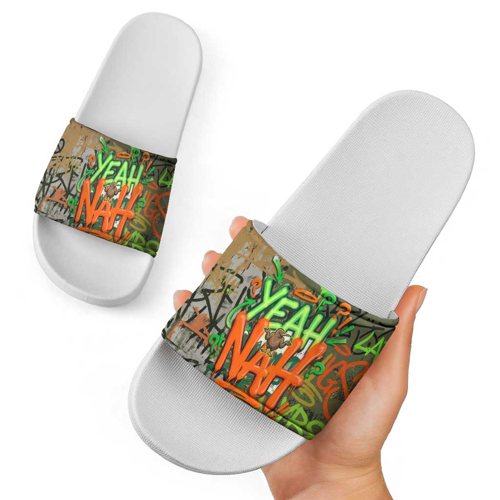 Yeah Nah Graffiti Skull New Zealand Slang Slide Sandals Kiwi Grunge Brick Wall and Bold Urban Street Art TS04 - Polynesian Pride