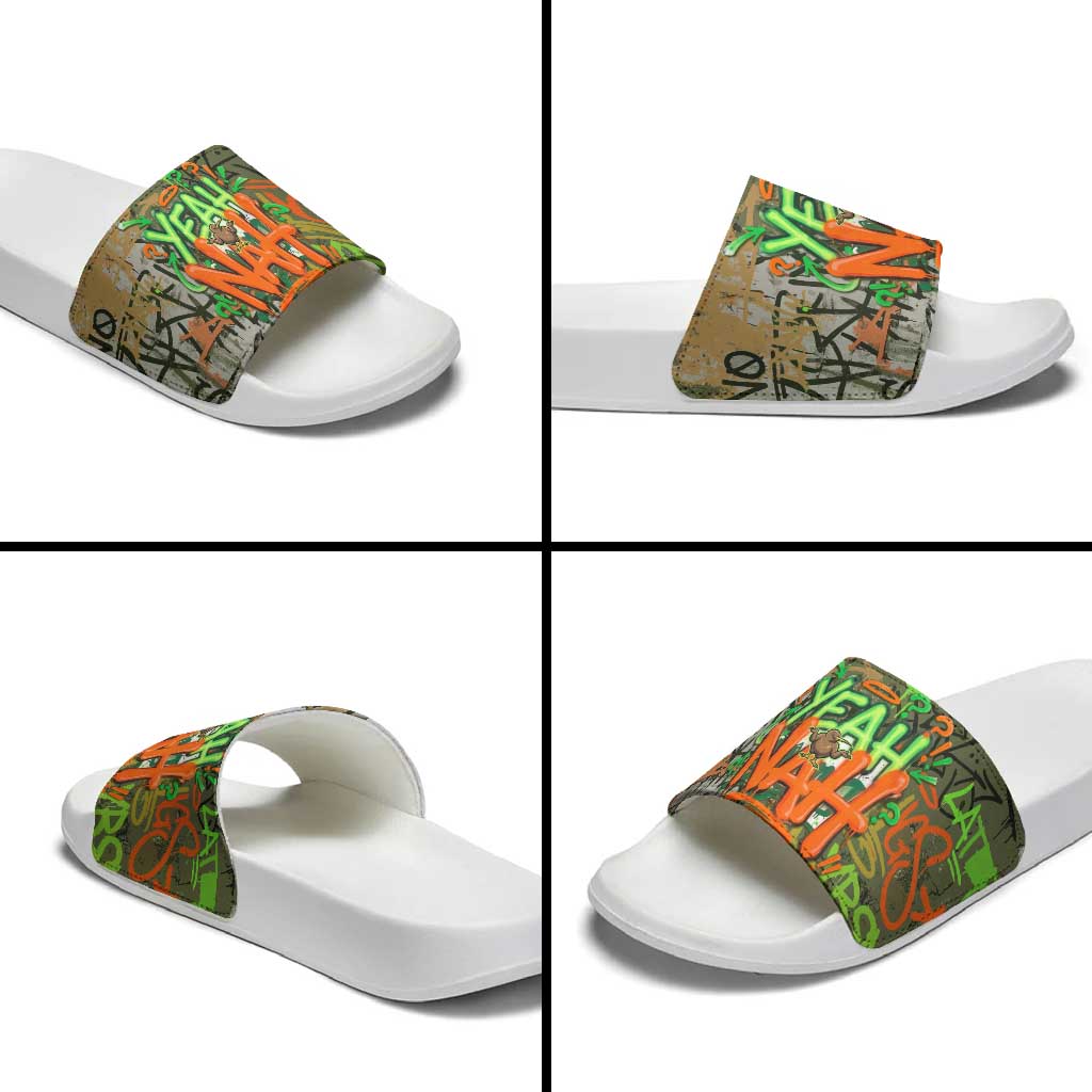 Yeah Nah Graffiti Skull New Zealand Slang Slide Sandals Kiwi Grunge Brick Wall and Bold Urban Street Art TS04 - Polynesian Pride