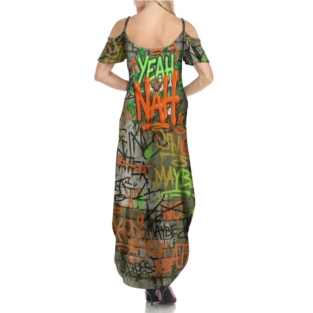 Yeah Nah Graffiti Skull New Zealand Slang Summer Maxi Dress Kiwi Grunge Brick Wall and Bold Urban Street Art