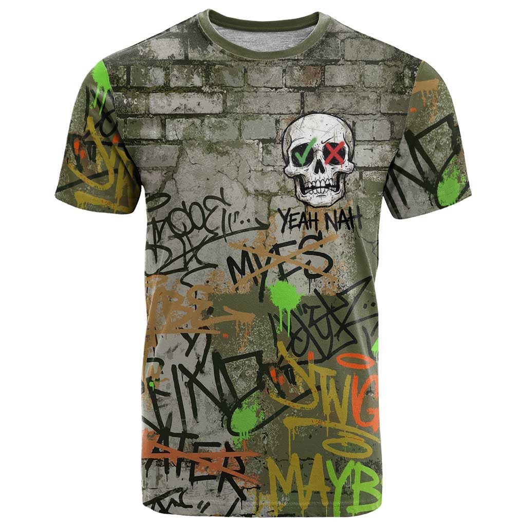Yeah Nah Graffiti Skull New Zealand Slang T Shirt Kiwi Grunge Brick Wall and Bold Urban Street Art