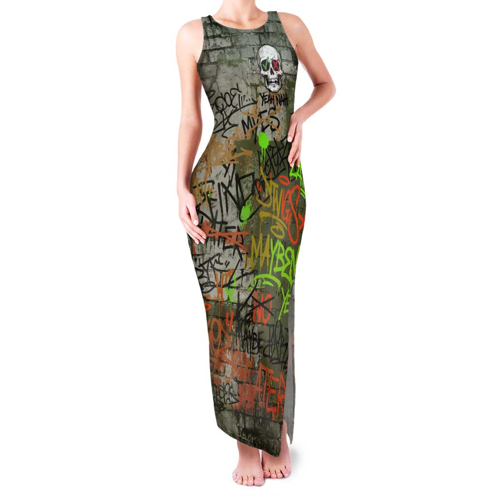 Yeah Nah Graffiti Skull New Zealand Slang Tank Maxi Dress Kiwi Grunge Brick Wall and Bold Urban Street Art TS04 Women Multicolor - Polynesian Pride