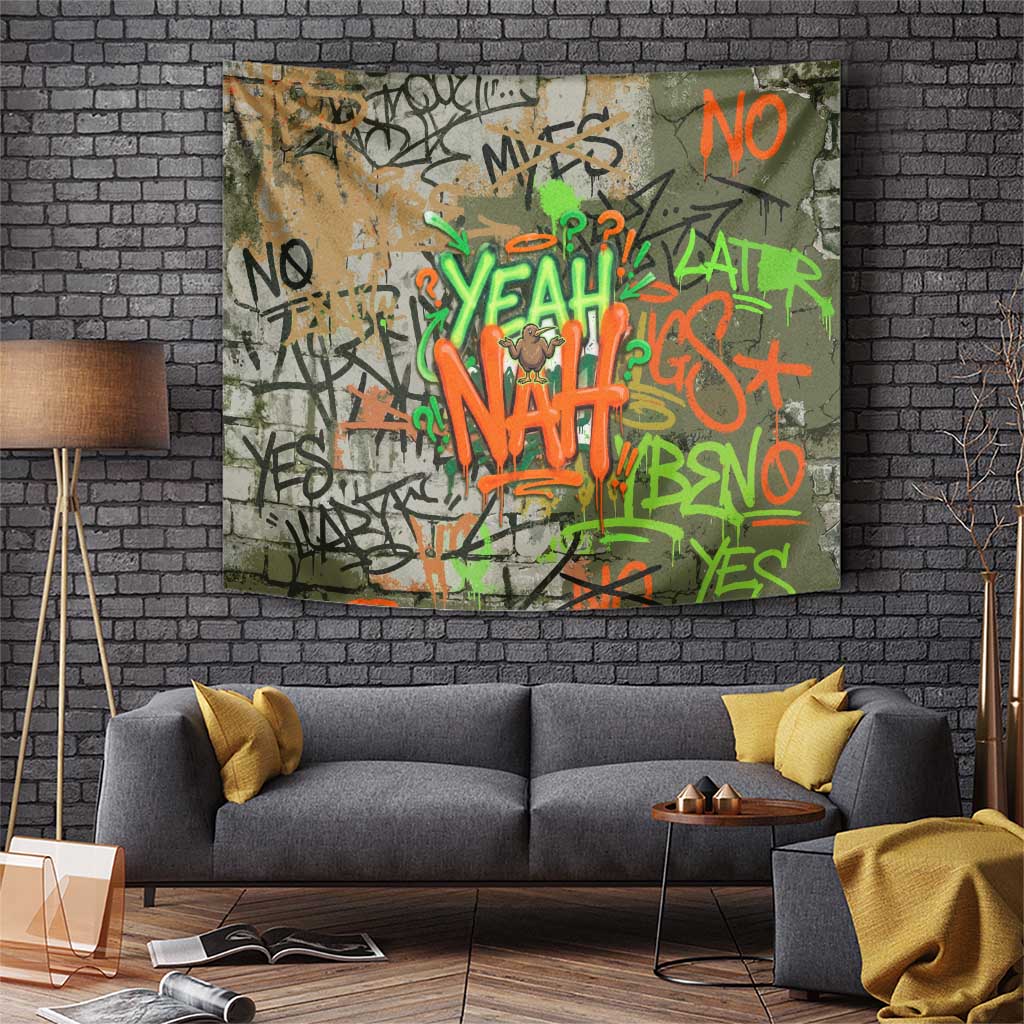 Yeah Nah Graffiti Skull New Zealand Slang Tapestry Kiwi Grunge Brick Wall and Bold Urban Street Art TS04 Multicolor - Polynesian Pride