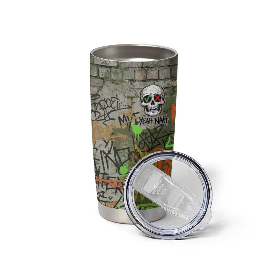 Yeah Nah Graffiti Skull New Zealand Slang Tumbler Cup Kiwi Grunge Brick Wall and Bold Urban Street Art