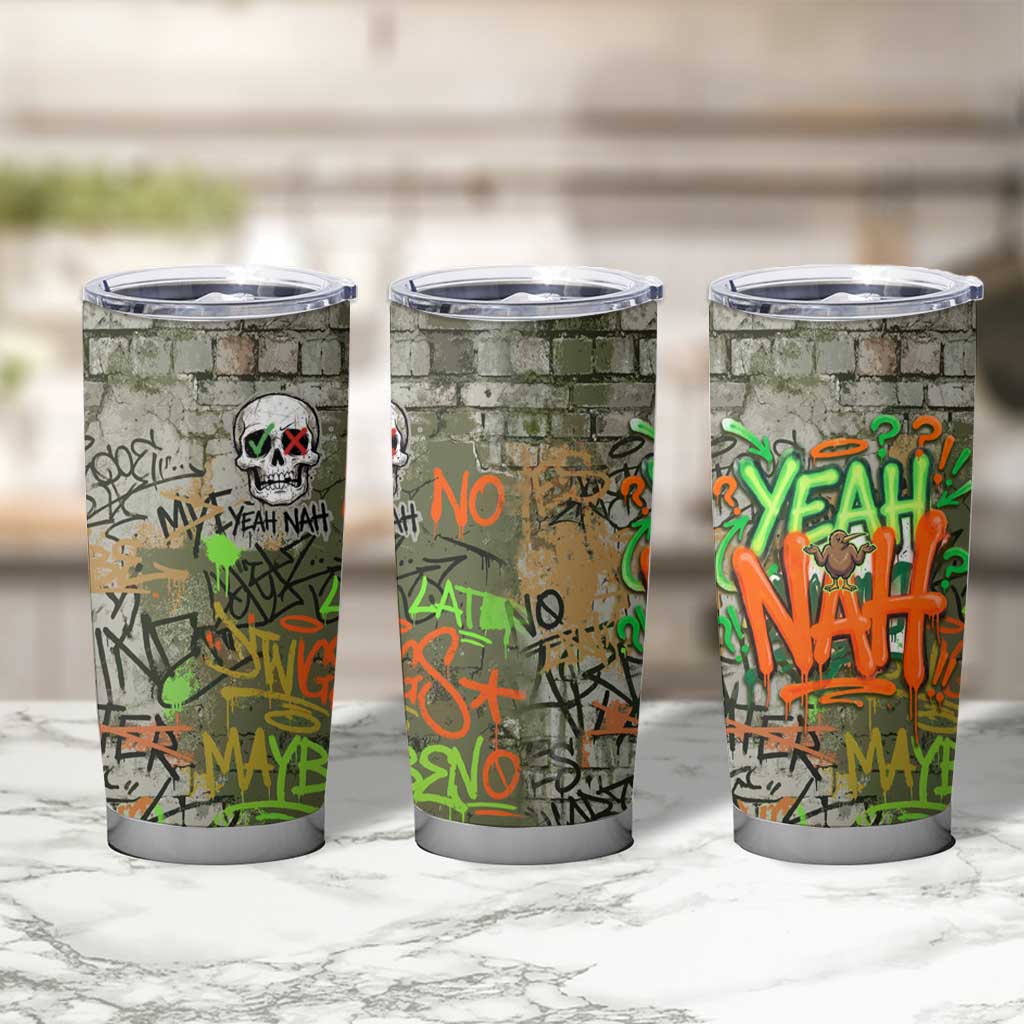 Yeah Nah Graffiti Skull New Zealand Slang Tumbler Cup Kiwi Grunge Brick Wall and Bold Urban Street Art