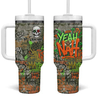 Yeah Nah Graffiti Skull New Zealand Slang Tumbler With Handle Kiwi Grunge Brick Wall and Bold Urban Street Art