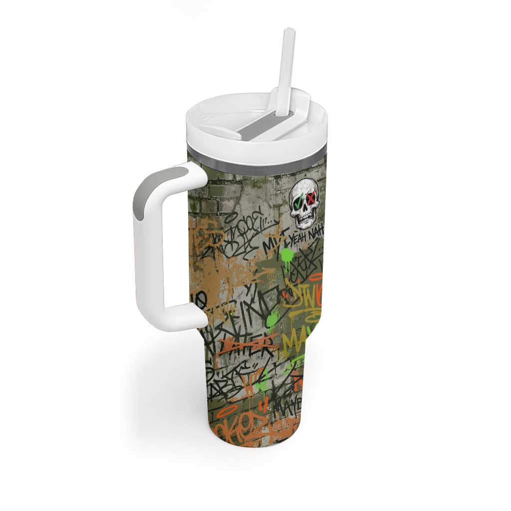 Yeah Nah Graffiti Skull New Zealand Slang Tumbler With Handle Kiwi Grunge Brick Wall and Bold Urban Street Art
