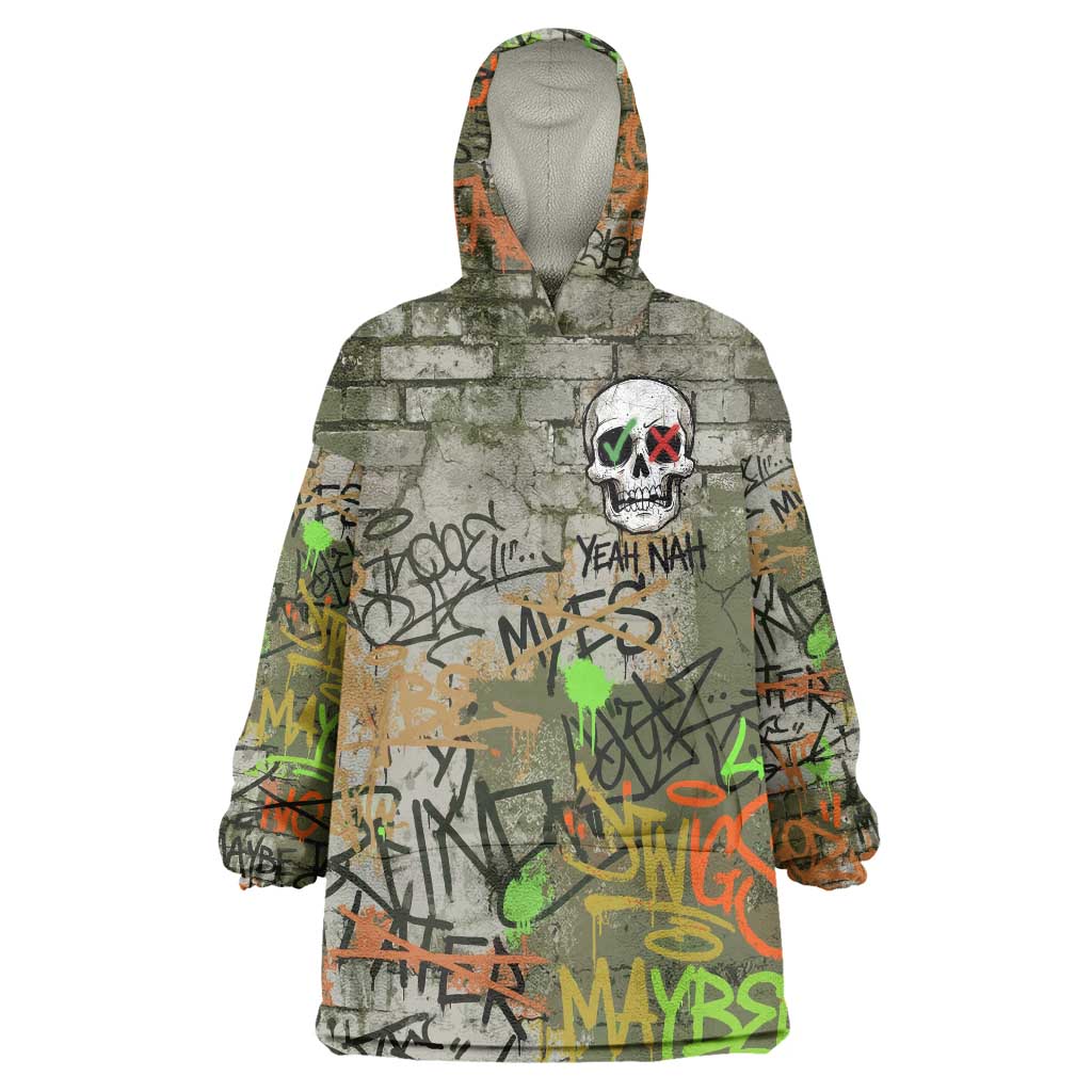 Yeah Nah Graffiti Skull New Zealand Slang Wearable Blanket Hoodie Kiwi Grunge Brick Wall and Bold Urban Street Art