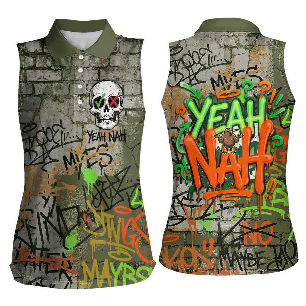 Yeah Nah Graffiti Skull New Zealand Slang Women Sleeveless Polo Shirt Kiwi Grunge Brick Wall and Bold Urban Street Art TS04 - Polynesian Pride