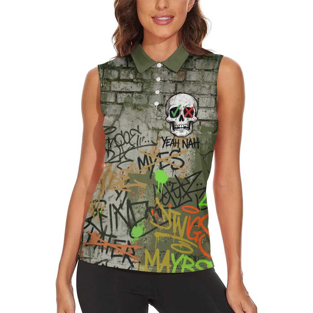 Yeah Nah Graffiti Skull New Zealand Slang Women Sleeveless Polo Shirt Kiwi Grunge Brick Wall and Bold Urban Street Art TS04 - Polynesian Pride
