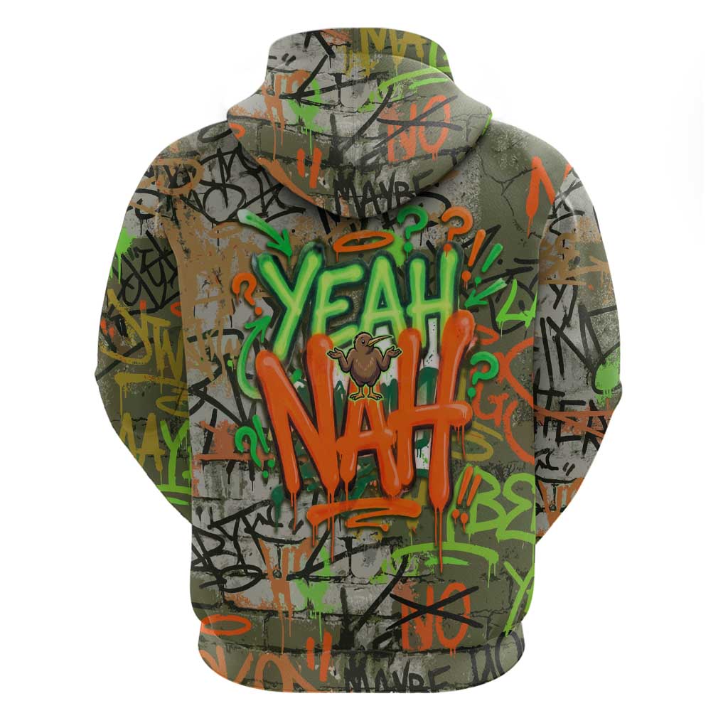 Yeah Nah Graffiti Skull New Zealand Slang Zip Hoodie Kiwi Grunge Brick Wall and Bold Urban Street Art