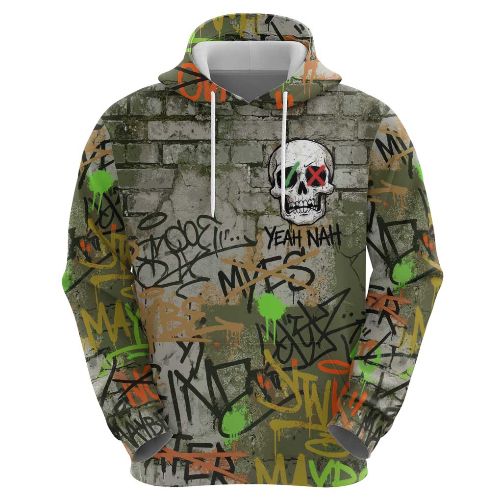 Yeah Nah Graffiti Skull New Zealand Slang Zip Hoodie Kiwi Grunge Brick Wall and Bold Urban Street Art