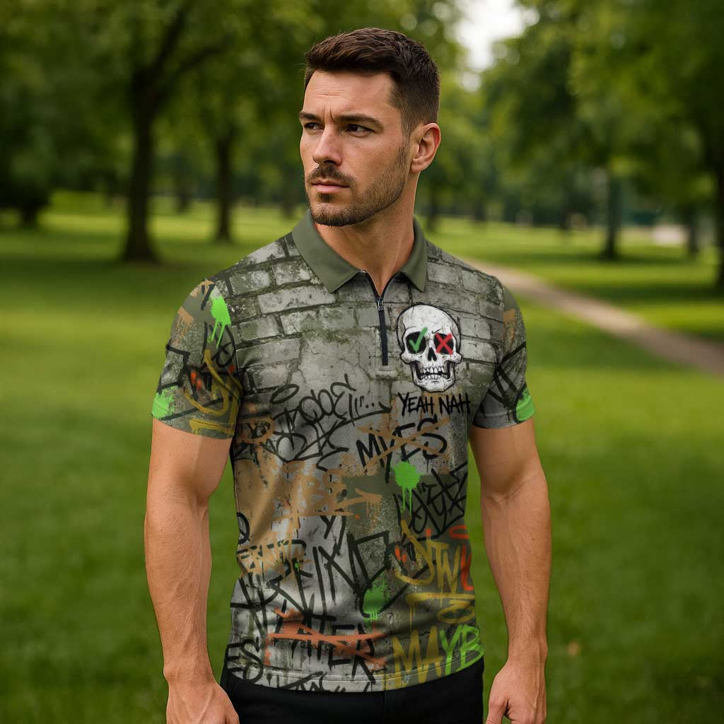 Yeah Nah Graffiti Skull New Zealand Slang Zipper Polo Shirt Kiwi Grunge Brick Wall and Bold Urban Street Art TS04 - Polynesian Pride