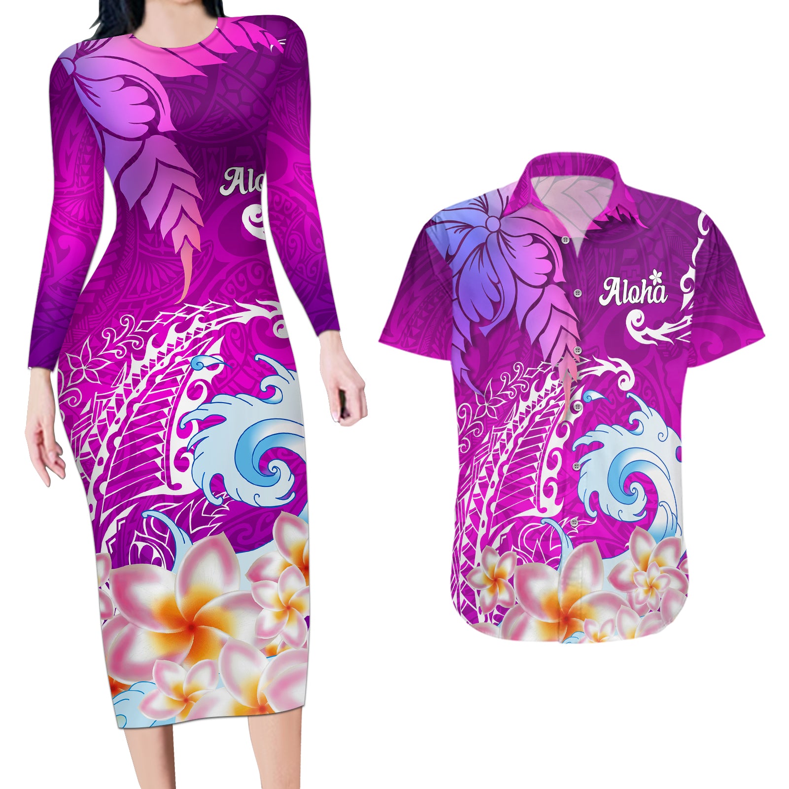 Hawaii Plumeria Flower Couples Matching Long Sleeve Bodycon Dress and Hawaiian Shirt Plumeria FLowers And Polynesian Pattern TS04 Gradient - Polynesian Pride