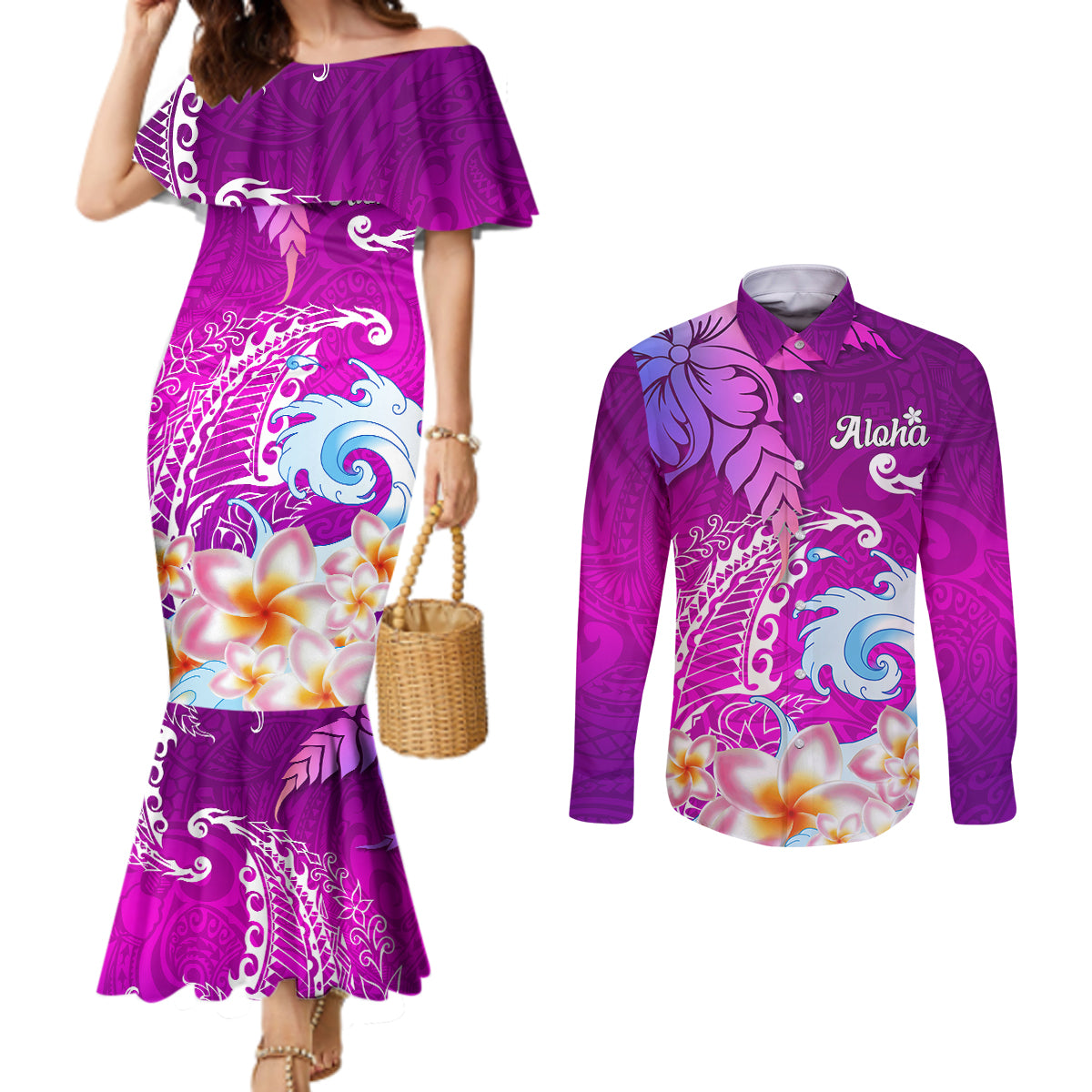 Hawaii Plumeria Flower Couples Matching Mermaid Dress and Long Sleeve Button Shirts Plumeria FLowers And Polynesian Pattern TS04 Gradient - Polynesian Pride