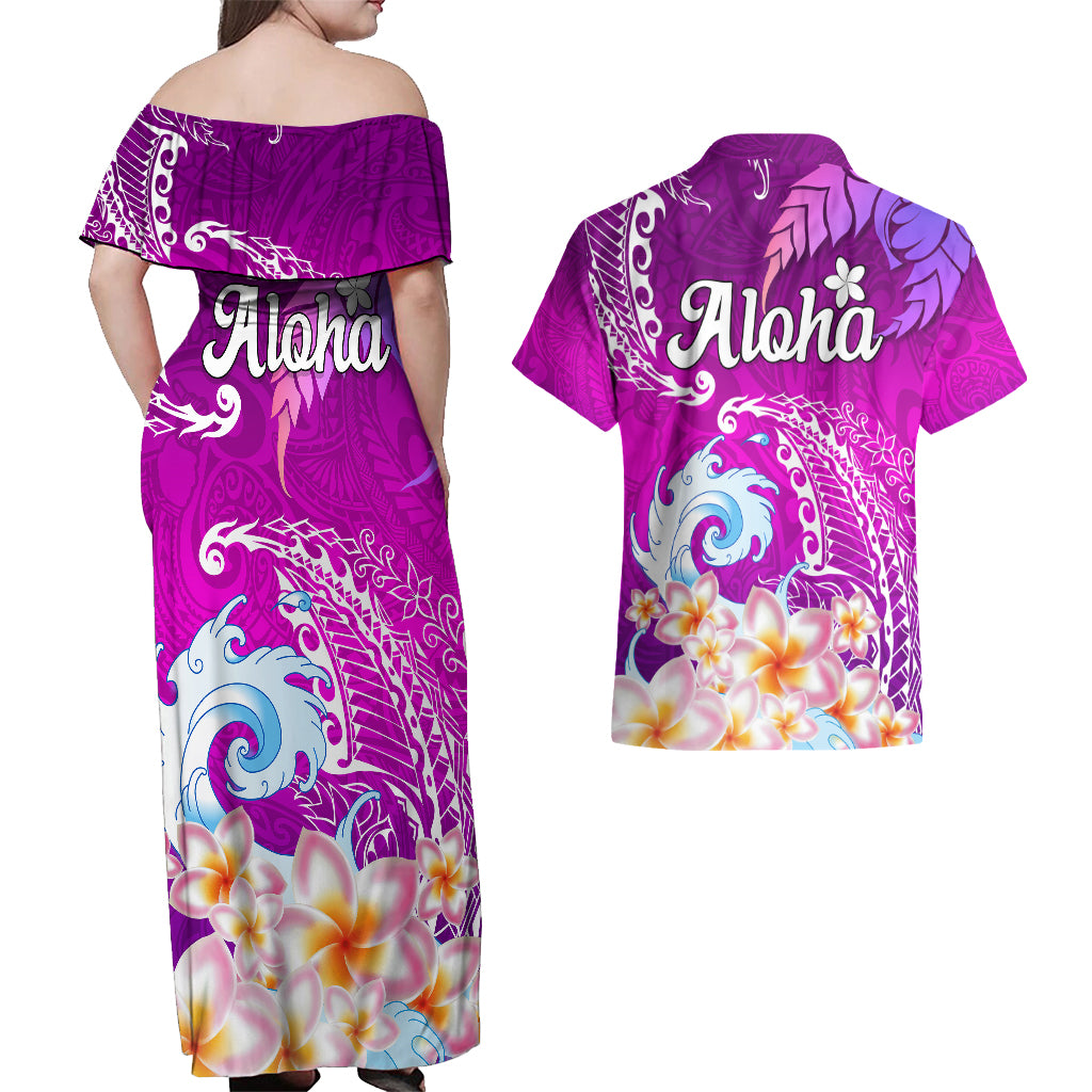 Hawaii Plumeria Flower Couples Matching Off Shoulder Maxi Dress and Hawaiian Shirt Plumeria FLowers And Polynesian Pattern TS04 - Polynesian Pride