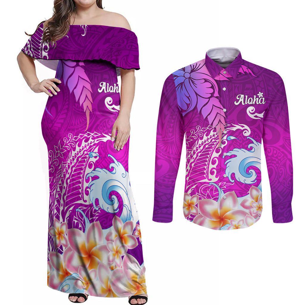 Hawaii Plumeria Flower Couples Matching Off Shoulder Maxi Dress and Long Sleeve Button Shirts Plumeria FLowers And Polynesian Pattern TS04 Gradient - Polynesian Pride