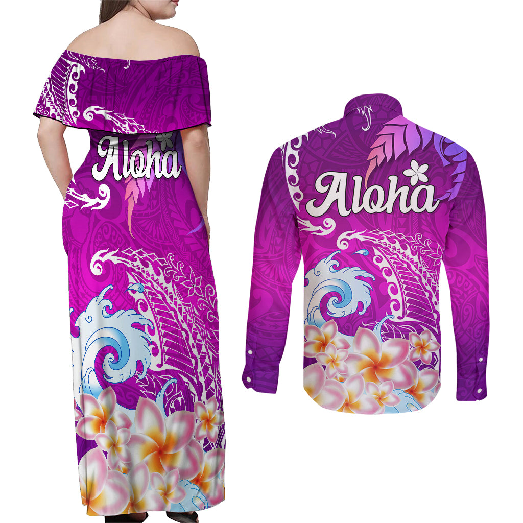 Hawaii Plumeria Flower Couples Matching Off Shoulder Maxi Dress and Long Sleeve Button Shirts Plumeria FLowers And Polynesian Pattern TS04 - Polynesian Pride