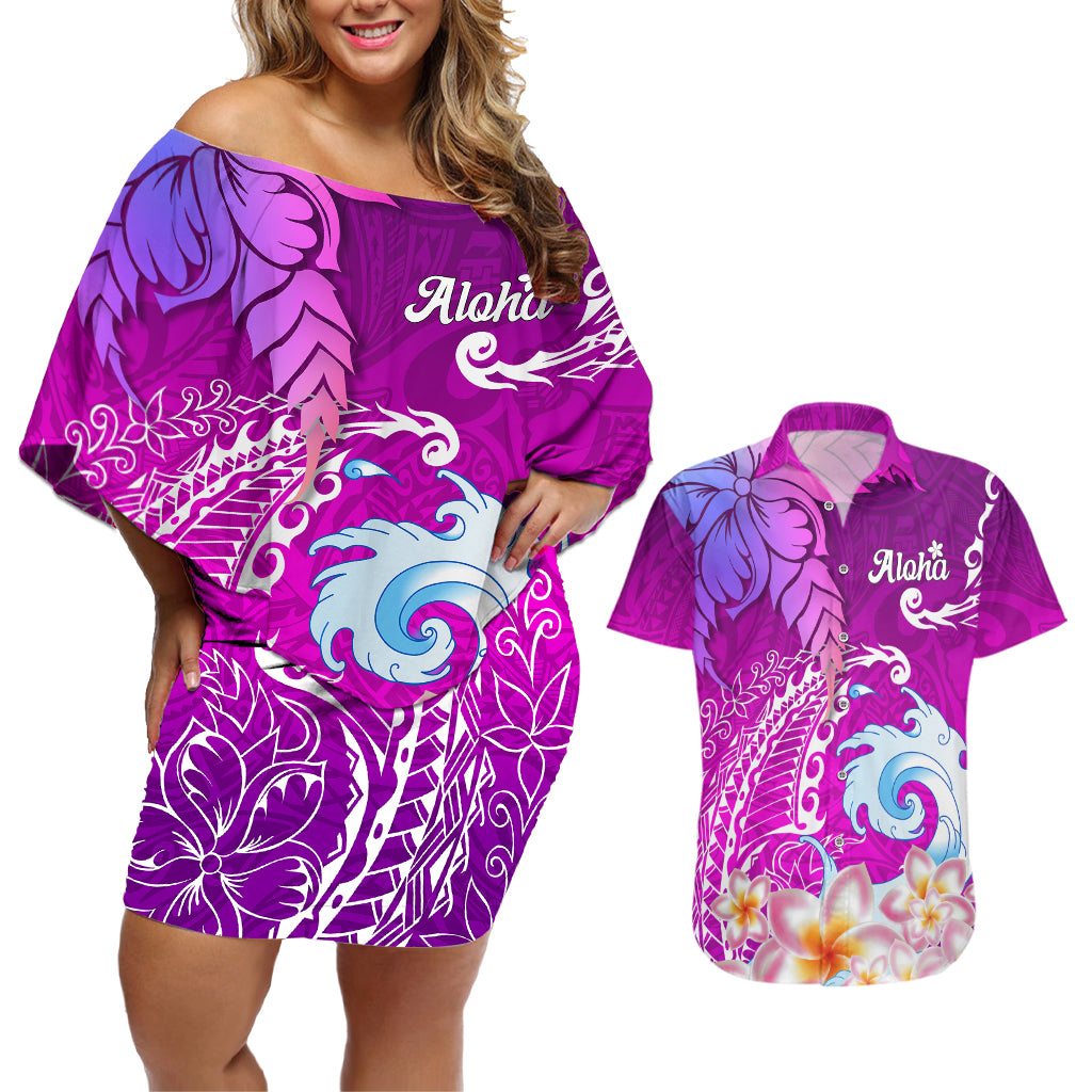 Hawaii Plumeria Flower Couples Matching Off Shoulder Short Dress and Hawaiian Shirt Plumeria FLowers And Polynesian Pattern TS04 Gradient - Polynesian Pride