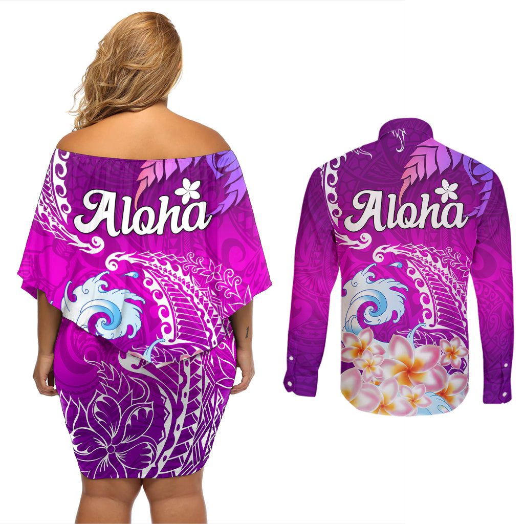 Hawaii Plumeria Flower Couples Matching Off Shoulder Short Dress and Long Sleeve Button Shirts Plumeria FLowers And Polynesian Pattern TS04 - Polynesian Pride