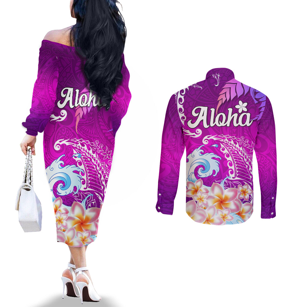 Hawaii Plumeria Flower Couples Matching Off The Shoulder Long Sleeve Dress and Long Sleeve Button Shirts Plumeria FLowers And Polynesian Pattern TS04 - Polynesian Pride