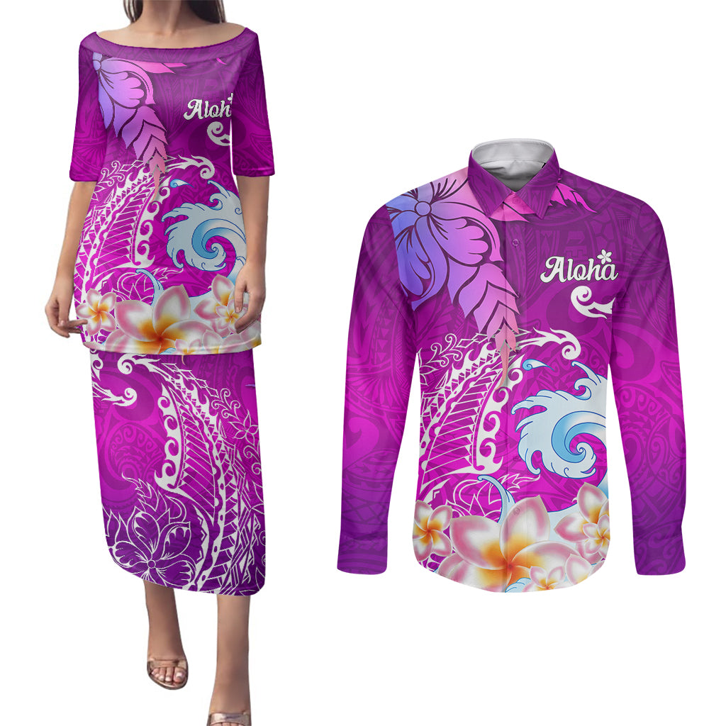 Hawaii Plumeria Flower Couples Matching Puletasi Dress and Long Sleeve Button Shirts Plumeria FLowers And Polynesian Pattern TS04 Gradient - Polynesian Pride