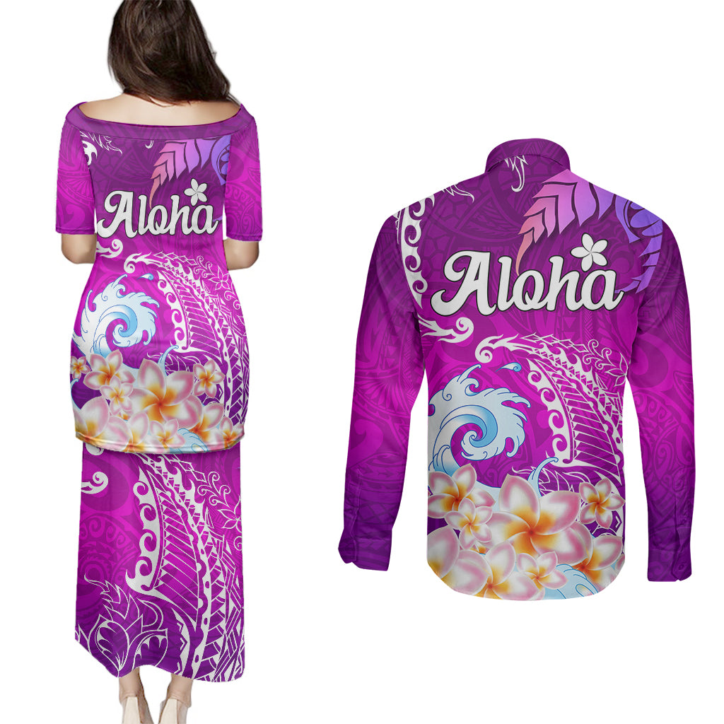 Hawaii Plumeria Flower Couples Matching Puletasi Dress and Long Sleeve Button Shirts Plumeria FLowers And Polynesian Pattern TS04 - Polynesian Pride