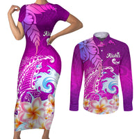 Hawaii Plumeria Flower Couples Matching Short Sleeve Bodycon Dress and Long Sleeve Button Shirts Plumeria FLowers And Polynesian Pattern TS04 Gradient - Polynesian Pride