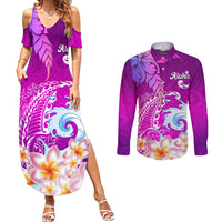 Hawaii Plumeria Flower Couples Matching Summer Maxi Dress and Long Sleeve Button Shirts Plumeria FLowers And Polynesian Pattern TS04 Gradient - Polynesian Pride