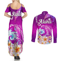 Hawaii Plumeria Flower Couples Matching Summer Maxi Dress and Long Sleeve Button Shirts Plumeria FLowers And Polynesian Pattern TS04 - Polynesian Pride