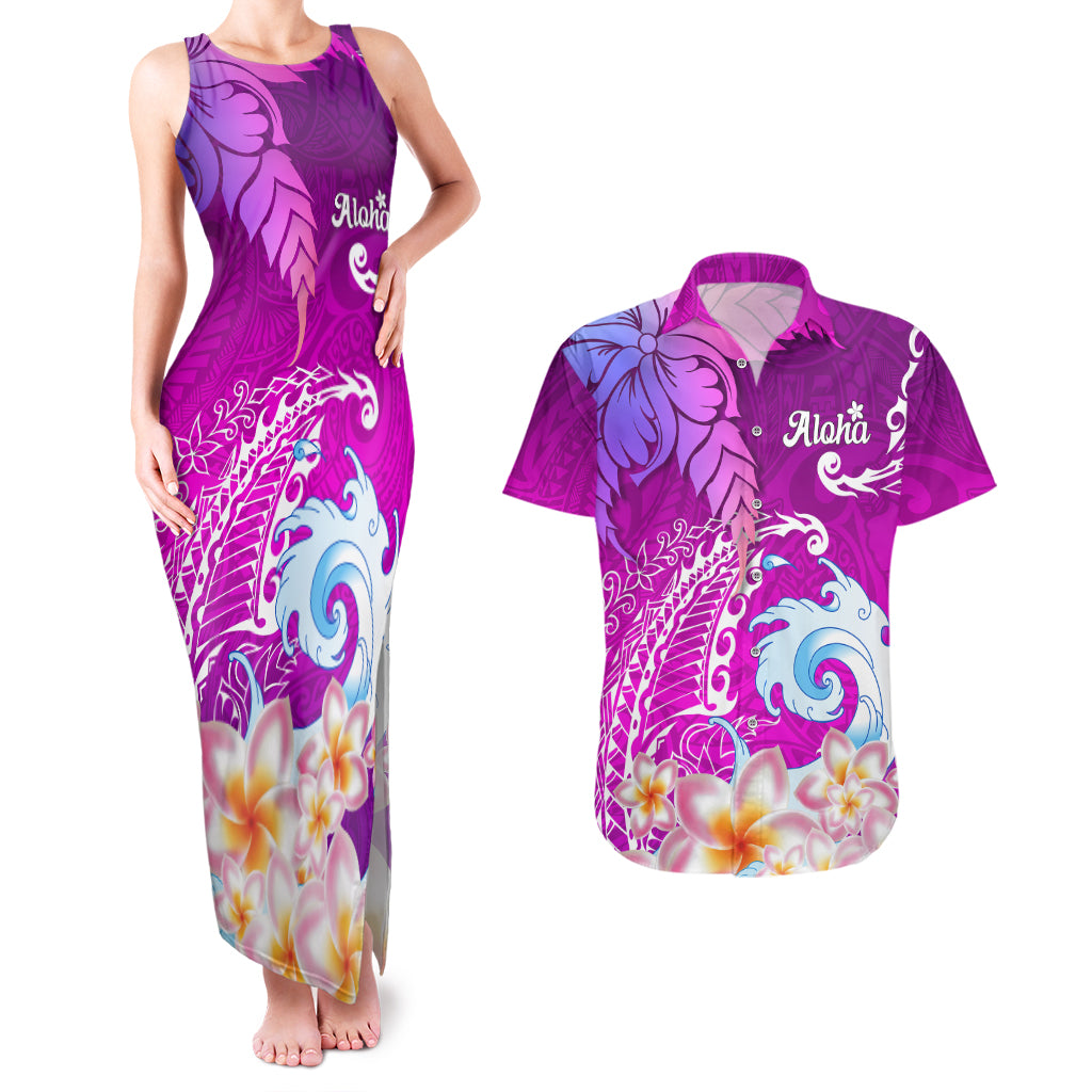 Hawaii Plumeria Flower Couples Matching Tank Maxi Dress and Hawaiian Shirt Plumeria FLowers And Polynesian Pattern TS04 Gradient - Polynesian Pride