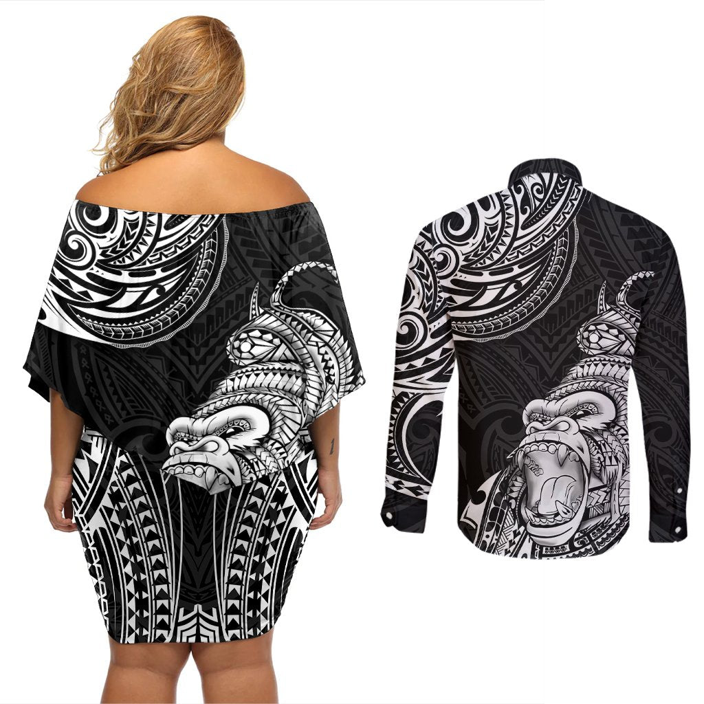 Hawaii Polynesian Couples Matching Off Shoulder Short Dress and Long Sleeve Button Shirts Gorila Tatoo Polynesian Style TS04 - Polynesian Pride