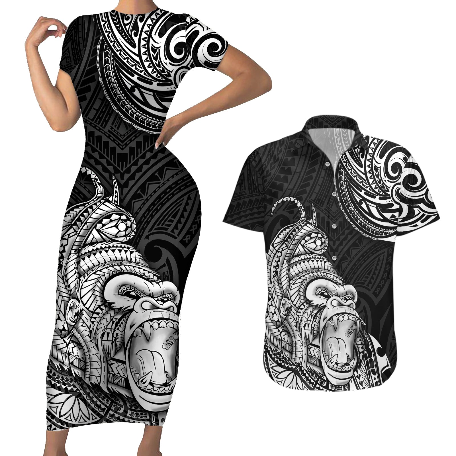 Hawaii Polynesian Couples Matching Short Sleeve Bodycon Dress and Hawaiian Shirt Gorila Tatoo Polynesian Style TS04 Black - Polynesian Pride