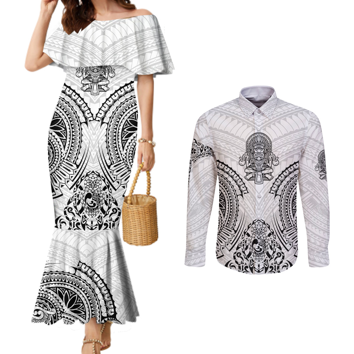 Hawaii Polynesian Couples Matching Mermaid Dress and Long Sleeve Button Shirts Warrior symbol TS04 White - Polynesian Pride
