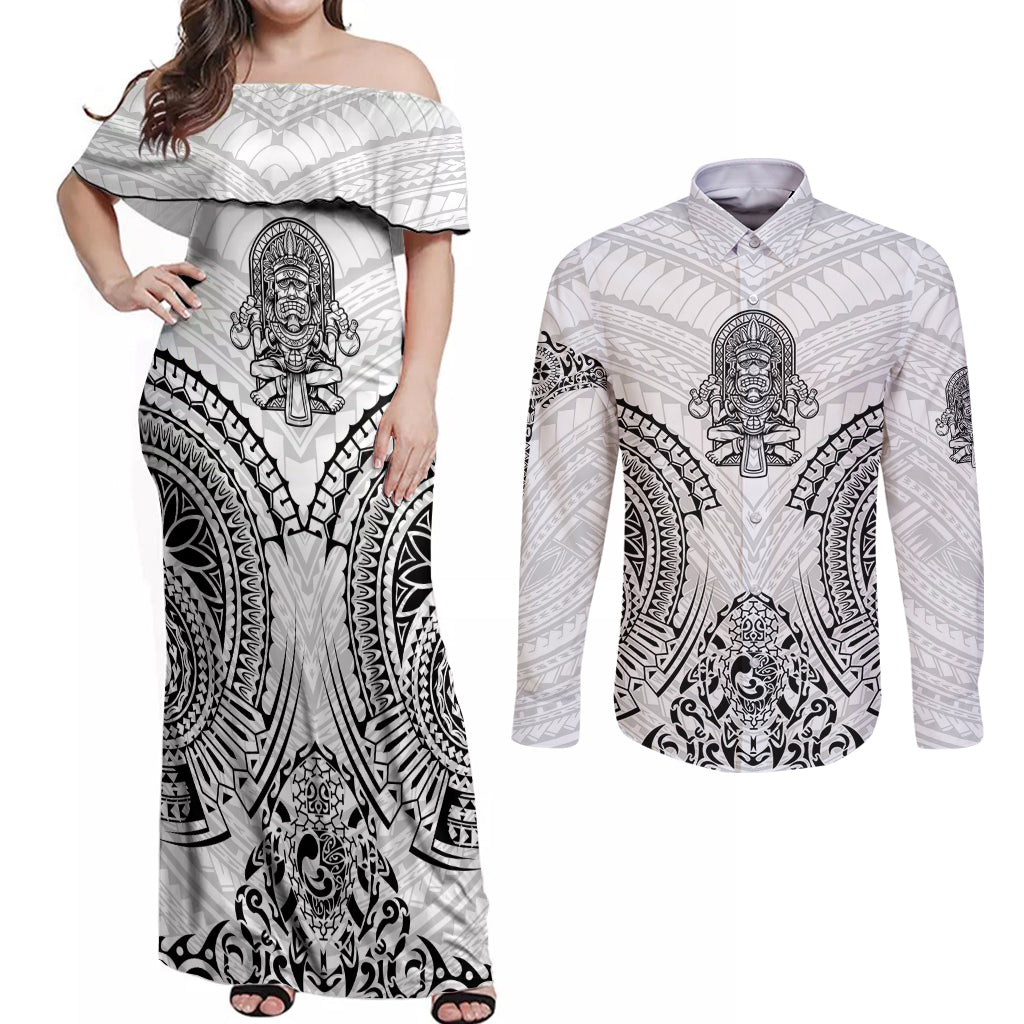 Hawaii Polynesian Couples Matching Off Shoulder Maxi Dress and Long Sleeve Button Shirts Warrior symbol TS04 White - Polynesian Pride