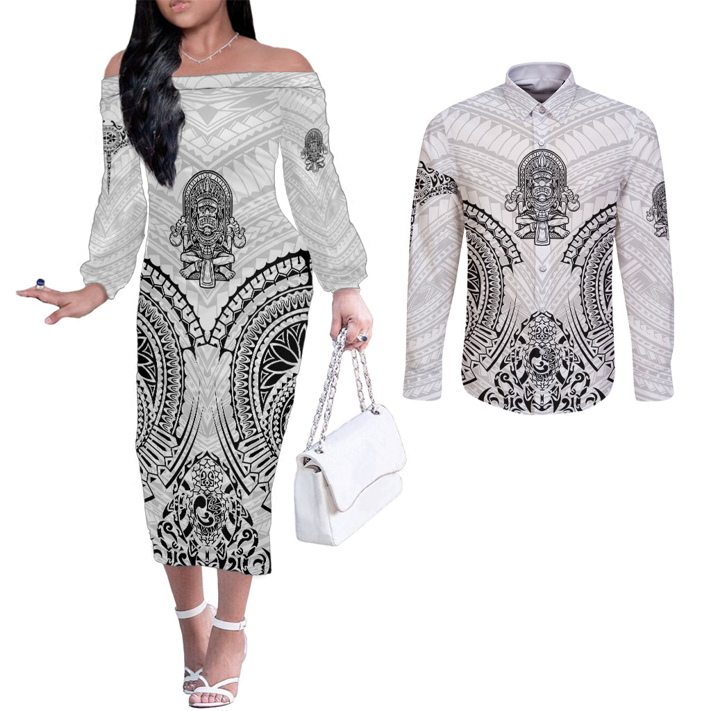 Hawaii Polynesian Couples Matching Off The Shoulder Long Sleeve Dress and Long Sleeve Button Shirts Warrior symbol TS04 White - Polynesian Pride