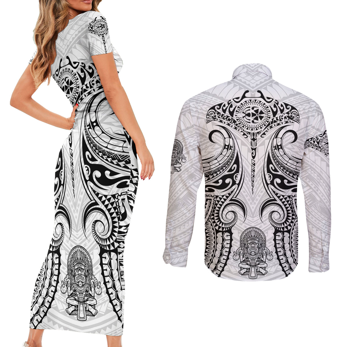 Hawaii Polynesian Couples Matching Short Sleeve Bodycon Dress and Long Sleeve Button Shirts Warrior symbol TS04 - Polynesian Pride