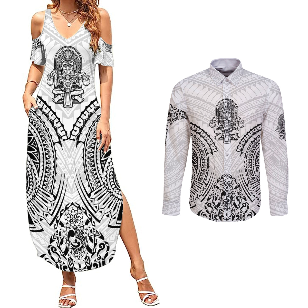 Hawaii Polynesian Couples Matching Summer Maxi Dress and Long Sleeve Button Shirts Warrior symbol TS04 White - Polynesian Pride